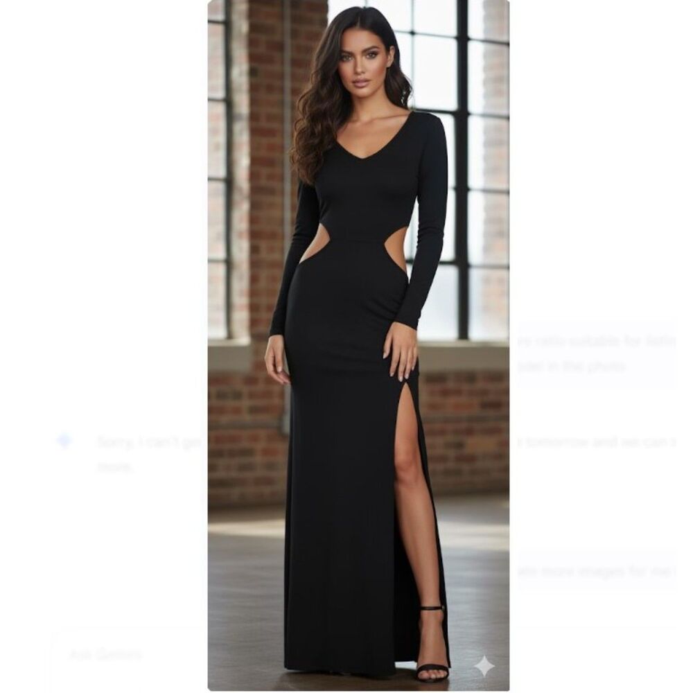 Miana Black Maxi Dress NWT V Neck Bodycon Long Sleeve Retail $193 Womens Sz L